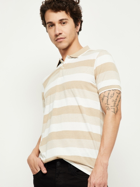 

max Men Beige & Off-White Striped Polo Collar T-shirt