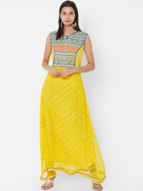 

Vedic Women Yellow & Blue Yoke Design A-Line Kurta