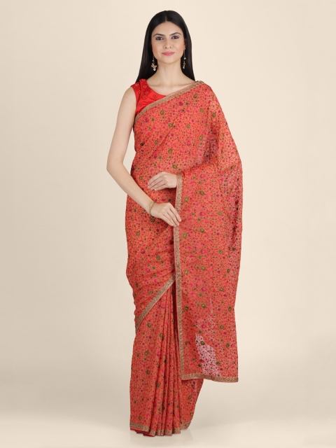 

KAJREE Peach-Coloured & Red Pure Georgette Printed Jamdani Saree