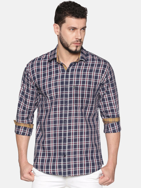 

LEVIZO Men Navy Blue & Grey Regular Fit Checked Casual Shirt