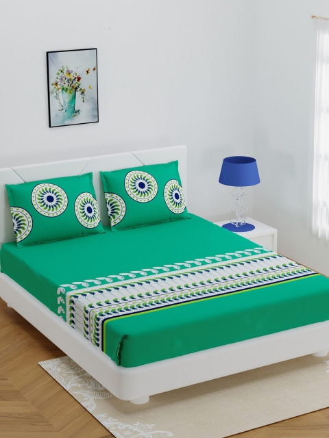 

BOMBAY DYEING Green & White Ethnic Motifs 210TC Double Queen Bedsheet With Two Pillow Covers