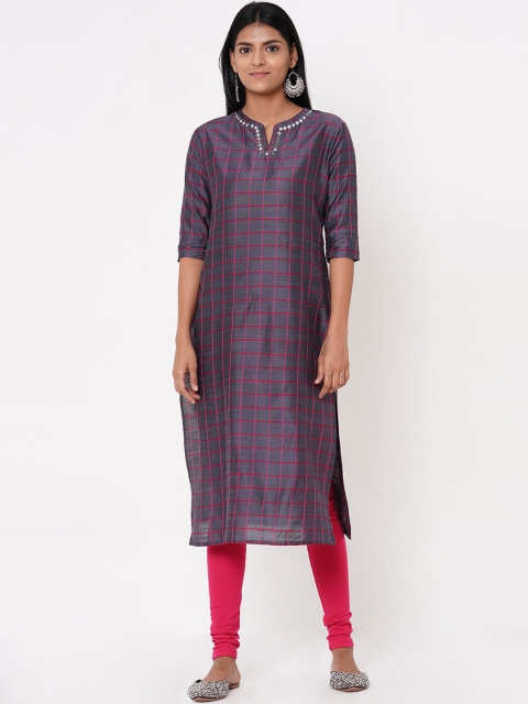 

FASHOR Women Grey Striped Straight Kurta
