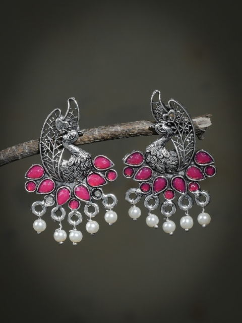 

Silvermerc Designs Silver-Plated & Pink Oxidised Contemporary Drop Earrings