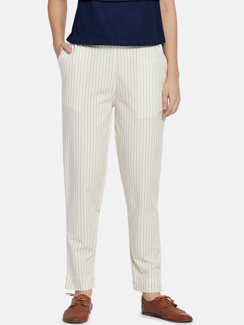 

Go Colors Women Cream-Coloured Straight Fit Striped Linen Regular Trousers