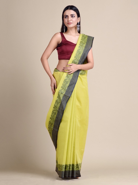

Mitera Lime Green Pure Cotton Solid Taant Saree