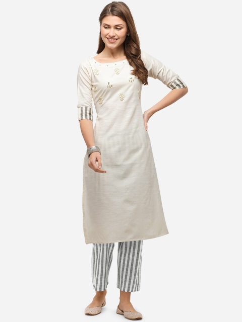 

Mirchi Fashion Women Off-White & Grey Self Design Kurti with Trousers