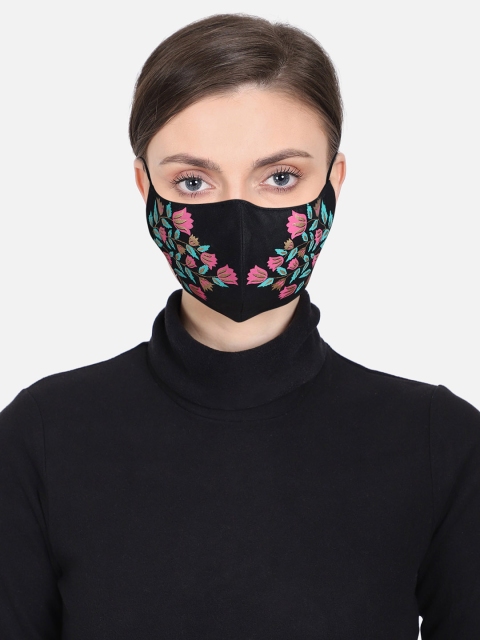 

Anekaant Women Black & Pink Floral Leaf Block Painted Reusable Fabric Fashion Mask