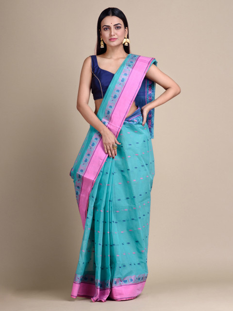 

Mitera Teal Pure Cotton Woven Design Taant Saree