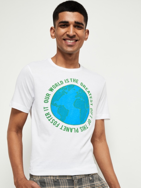 

max Men White Printed Round Neck Cotton Pure Cotton T-shirt