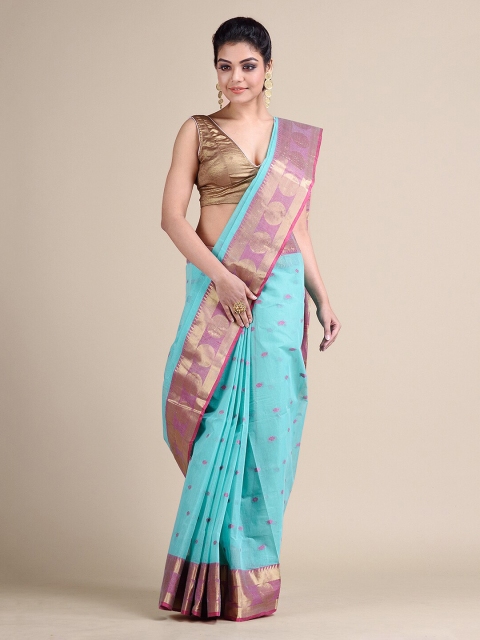 

Mitera Turquoise Blue Pure Cotton Woven Design Taant Hand Woven Saree