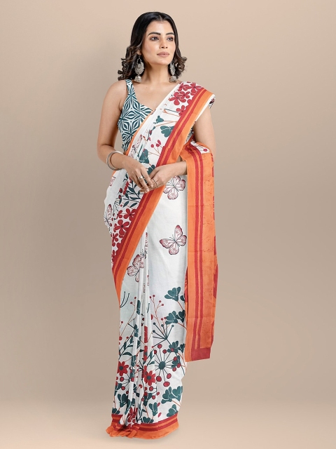 

BharatSthali White & Orange Pure Cotton Printed Block Print Handloom Sustainable Saree