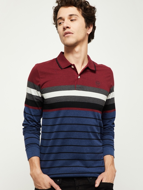 max Men Rust Brown & Navy Blue Striped Polo Collar T-shirt