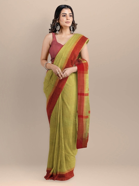 

BharatSthali Green & Maroon Pure Cotton Solid Maheshwari Handloom Saree