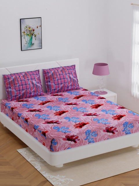 

BOMBAY DYEING Pink & Blue Floral Printed 144 TC Cotton Double Queen Bedsheet With 2 Pillow Covers