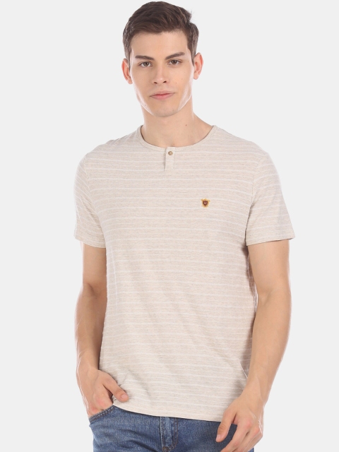 

True Blue Men Beige Self Design Henley Neck T-shirt