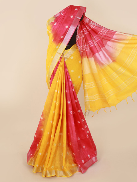 

Pothys Yellow & Coral Linen Blend Dyed Saree