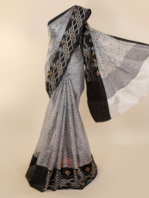 

Pothys Silver-Toned & Black Tissue Printed Saree