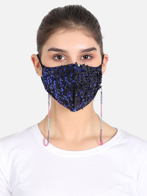 

Anekaant Women Blue Sequin Embellished 3-Ply Reusable Cloth Mask With Lanyard Chain