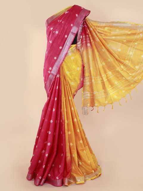 

Pothys Magenta & Yellow Linen Blend Woven Design Saree