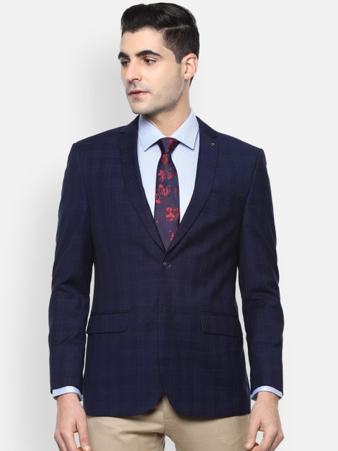 

Van Heusen Men Navy Blue Checked Slim-Fit Single-Breasted Blazer