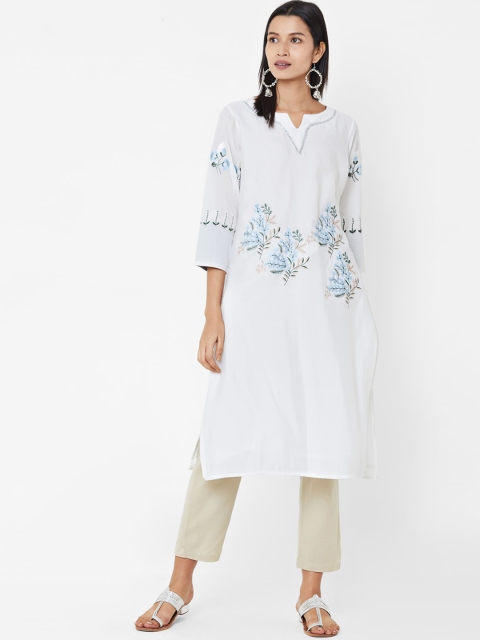 Vedic Women White & Blue Embroidered A-Line Cotton Kurta