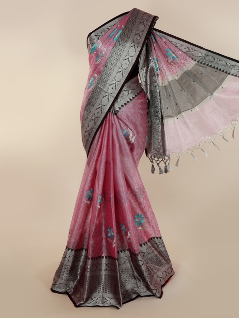 Pothys Pink & Silver-Toned Tissue Embroidered Saree with Jhalar Pallu