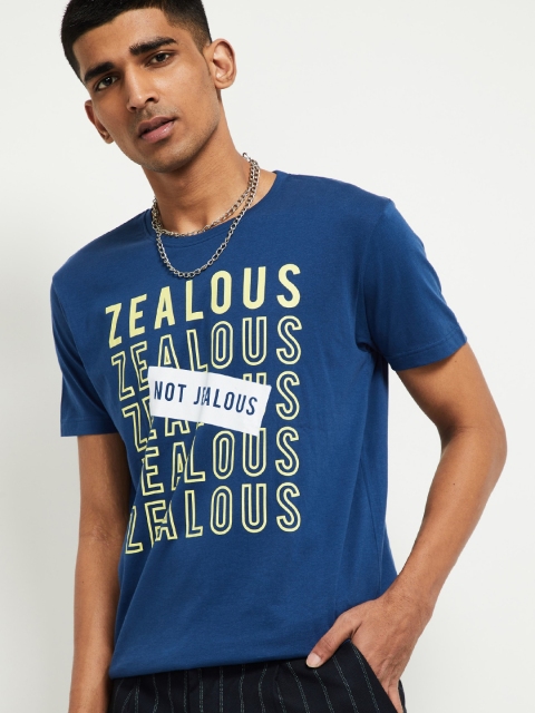 

max Men Blue Printed V-Neck T-shirt