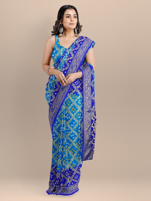 

BharatSthali Blue Art Silk Printed Handloom Bandhani Saree