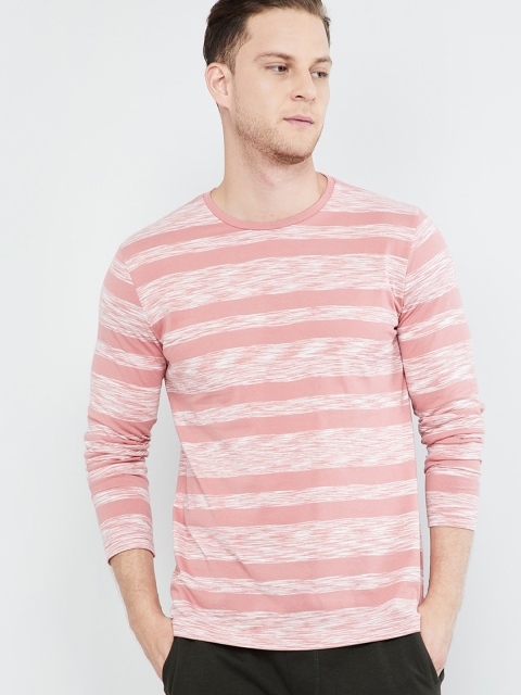 

max Men Pink Striped Round Neck T-shirt
