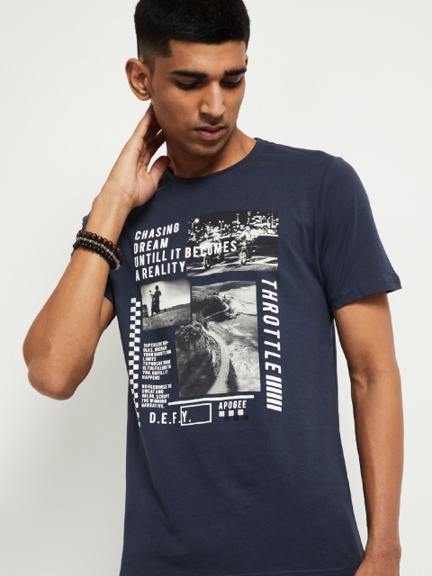 

max Men Navy Blue Grey Printed Round Neck Pure Cotton T-shirt