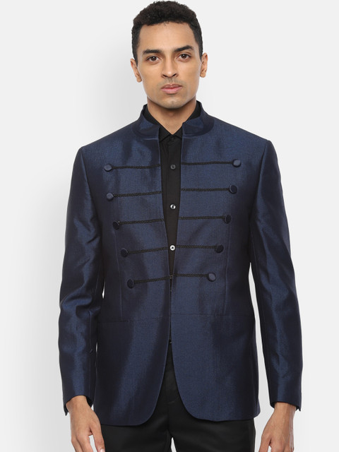 

V Dot Men Navy Blue Solid Bandhgala Slim Fit Formal Blazer
