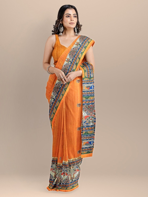 

BharatSthali Orange Silk Cotton Kalamkari Printed Handloom Tussar Sustainable Saree
