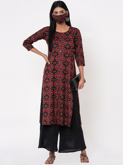 

FASHOR Women Black & Red Printed A-Line Kurta & Mask