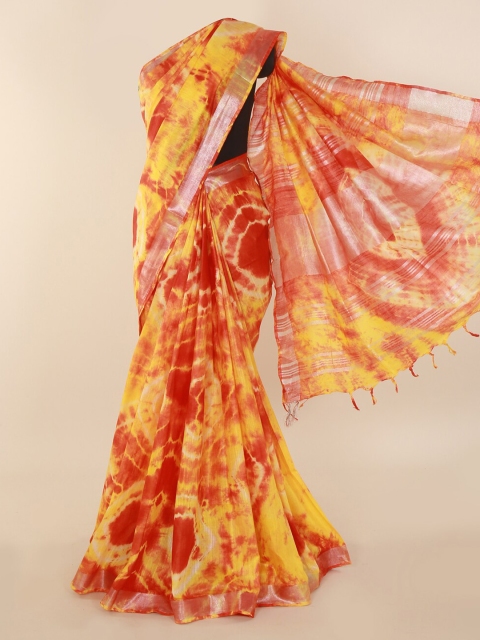 

Pothys Yellow & Red Linen Blend Printed Saree with Zari Border