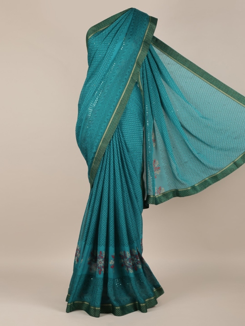 

Pothys Teal Printed Poly Chiffon Saree