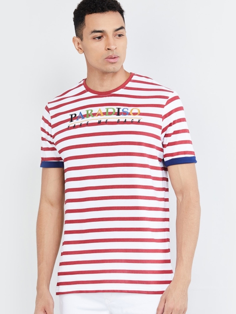 

max Men White & Red Striped Cotton Round Neck T-shirt