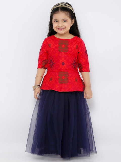 

SALWAR STUDIO Girls Navy Blue & Red Printed Ready To Wear Net Lehenga Choli