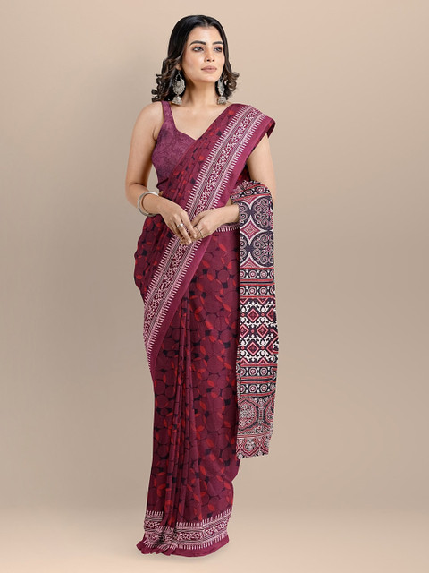 

BharatSthali Maroon Pure Cotton Printed Block Print Saree