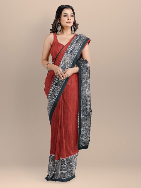 

BharatSthali Red Pure Silk Kalamkari Printed Tussar Saree