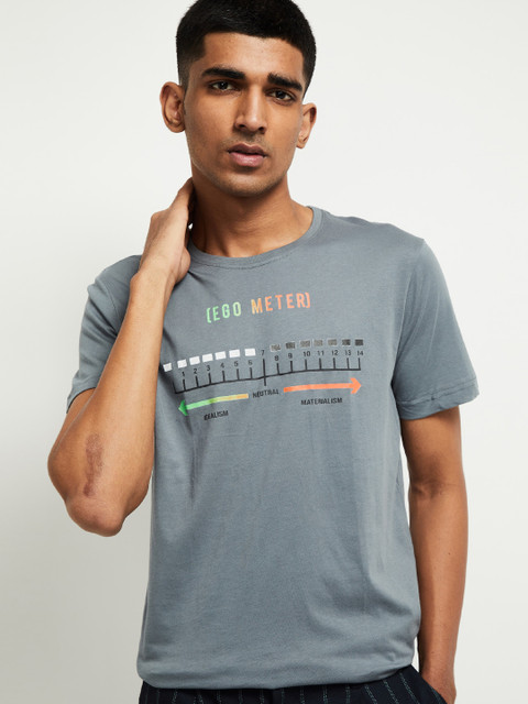 

max Men Grey Printed Round Neck T-shirt