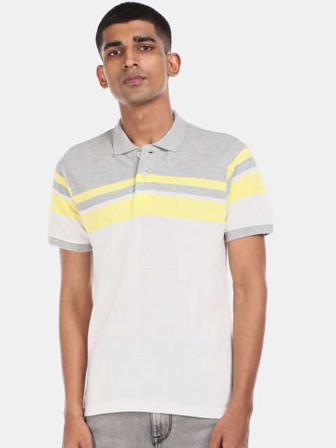 

Aeropostale Men Grey & White Striped Polo Collar T-shirt