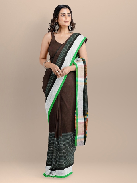 BharatSthali Brown Pure Linen Solid Maheshwari Saree