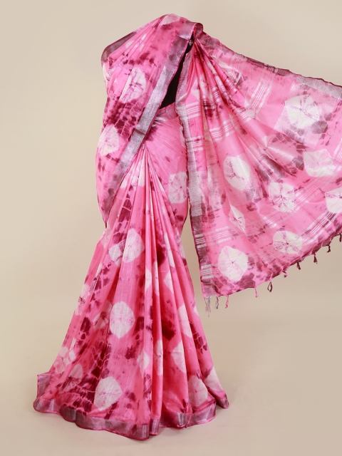

Pothys Pink Printed Linen Blend Saree with Zari Border