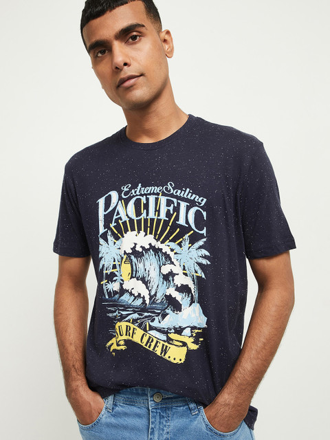 

max Men Navy Blue Printed Round Neck Cotton T-shirt