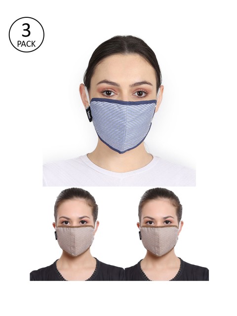 

Anekaant Unisex Pack of 3 Striped 3-Ply Reusable Fabric Fashion Mask, Blue