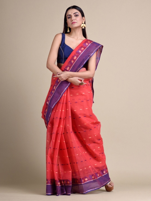 

Mitera Coral & Blue Pure Cotton Ethnic Motifs Hand Woven Taant Saree