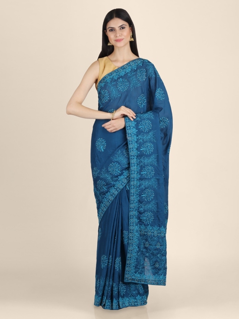 

KAJREE Blue Embroidered Pure Georgette Saree