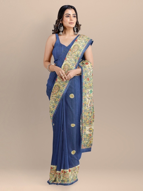 

BharatSthali Blue Silk Cotton Printed Handloom Tussar Sustainable Saree