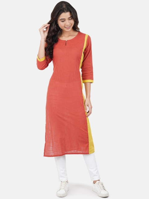 

JAAIVE Women Brown & Yellow Colourblocked Straight Cotton Kurta