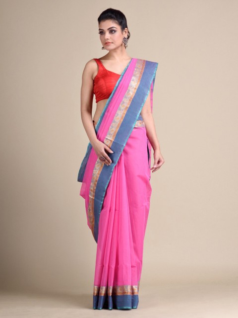 

Mitera Pink Pure Cotton Solid Taant Saree